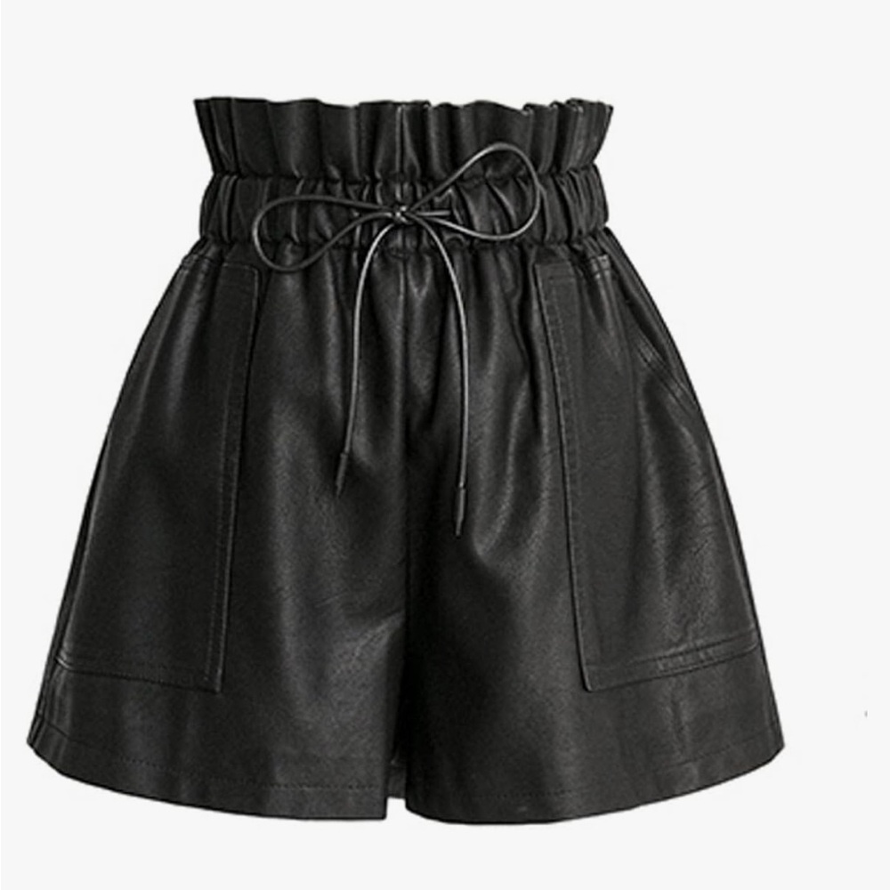 High Waisted Wide Leg Black Faux Leather Shorts